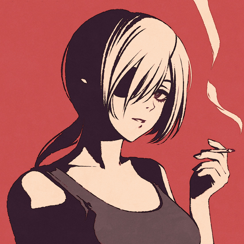 1girl between_fingers black_eyes black_tank_top breasts chainsaw_man cigarette closed_mouth commentary expressionless eyepatch hair_between_eyes high_contrast holding holding_cigarette looking_at_viewer medium_breasts medium_hair moshimoshibe one_eye_covered parted_lips ponytail portrait quanxi_(chainsaw_man) red_background simple_background sleeveless smoke solo tank_top white_hair