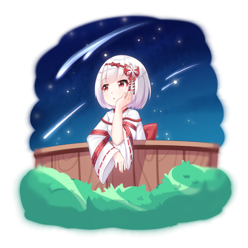 1girl :o bangs bow bush chihong_de_tianshi commentary_request copyright_request eyebrows_visible_through_hair falling_star fence hair_bow hand_up highres japanese_clothes kimono long_sleeves looking_away miko night night_sky outdoors parted_lips red_bow red_eyes ribbon-trimmed_sleeves ribbon_trim short_sleeves sky sleeves_past_wrists solo star_(sky) starry_sky upper_body virtual_youtuber white_hair white_kimono wide_sleeves wooden_fence