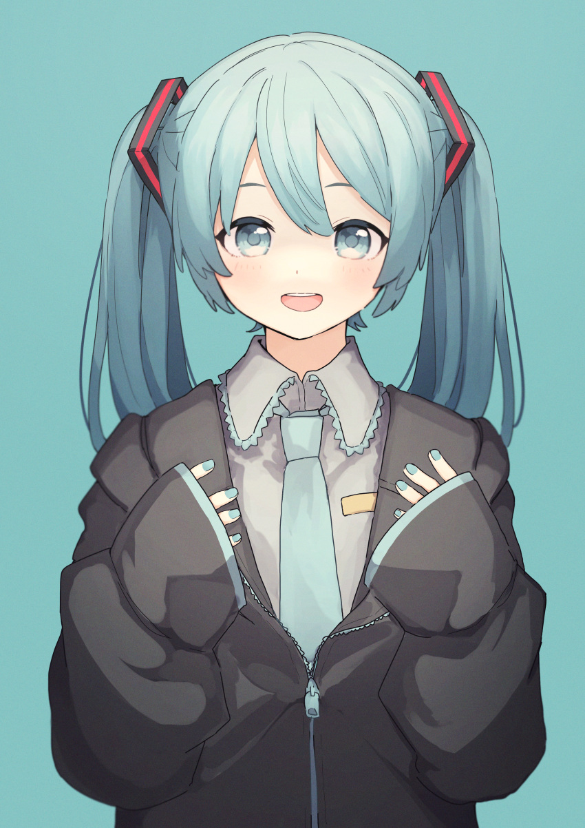 1girl absurdres aqua_background bangs black_jacket blue_eyes blue_hair blue_nails blue_neckwear collared_shirt commentary grey_shirt hair_between_eyes hands_up hatsune_miku highres huge_filesize jacket long_hair long_sleeves looking_at_viewer nail_polish necktie open_mouth shiratakiseaice shirt simple_background sleeves_past_wrists smile solo twintails upper_body upper_teeth vocaloid