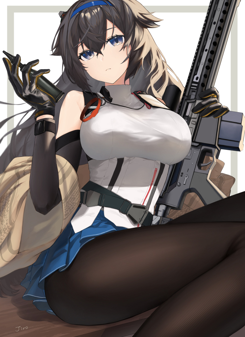 1girl absurdres bangs blue_eyes breasts commission expressionless girls_frontline gloves gun hair_flaps head_tilt highres holding holding_gun holding_weapon iitenkidesune large_breasts long_hair mod3_(girls_frontline) pantyhose rifle shoulders skeb_commission sniper_rifle solo super_sass super_sass_(girls_frontline) thick_thighs thighs very_long_hair weapon