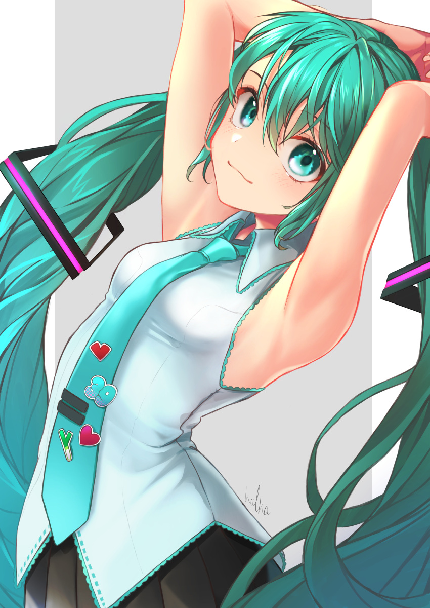 1girl 39 :3 absurdres aqua_eyes aqua_hair aqua_neckwear armpits arms_up badge bare_shoulders black_skirt commentary grey_background grey_shirt hair_ornament halha_20 hatsune_miku heart highres long_hair looking_at_viewer necktie pillarboxed pleated_skirt shirt signature skirt sleeveless sleeveless_shirt smile solo spring_onion tie_clip twintails upper_body very_long_hair vocaloid