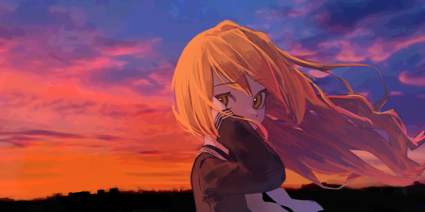 1girl absurdres aisaka_taiga bangs bow brown_eyes brown_hair character_request check_character check_copyright clouds copyright_request highres long_hair long_sleeves looking_at_viewer outdoors sailor_collar school_uniform sky solo sunset toradora! upper_body white_bow yoon_cook