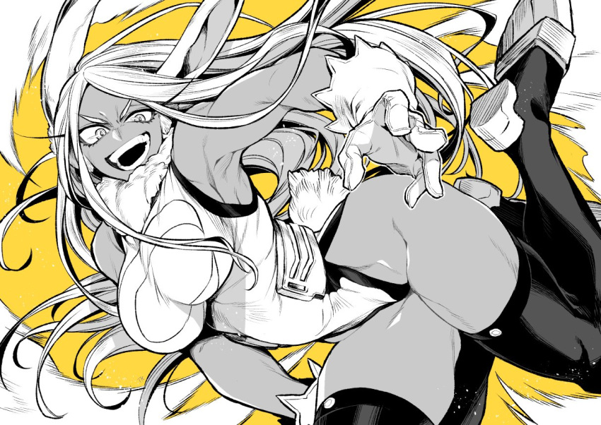 1girl animal_ears boku_no_hero_academia breasts bunny_tail gloves large_breasts leotard long_hair looking_at_viewer lying mirko monochrome on_back open_mouth rabbit_ears smile solo tail takatsuki_ichi taut_leotard teeth thigh-highs thighs yellow_background