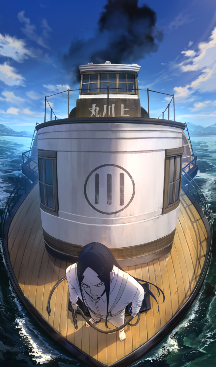 1boy absurdres beard black_hair boat chain day facial_hair fisheye from_above golden_kamuy highres holding holding_chain long_hair oosawa_fusatarou outdoors smoke solo standing ukai_(negi_wolf) water watercraft