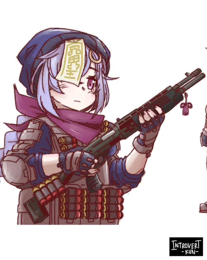 1girl alternate_costume arm_guards bangs black_gloves black_jumpsuit braid bulletproof_vest coin_hair_ornament commentary english_commentary eyebrows_visible_through_hair fingerless_gloves genshin_impact gloves gun hair_over_one_eye hat highres holding holding_gun holding_weapon introvert-kun jiangshi long_hair looking_at_viewer low_ponytail ofuda purple_hair purple_scarf qiqi_(genshin_impact) scarf shotgun shotgun_shells sidelocks simple_background single_braid solo tactical_clothes trigger_discipline violet_eyes weapon white_background
