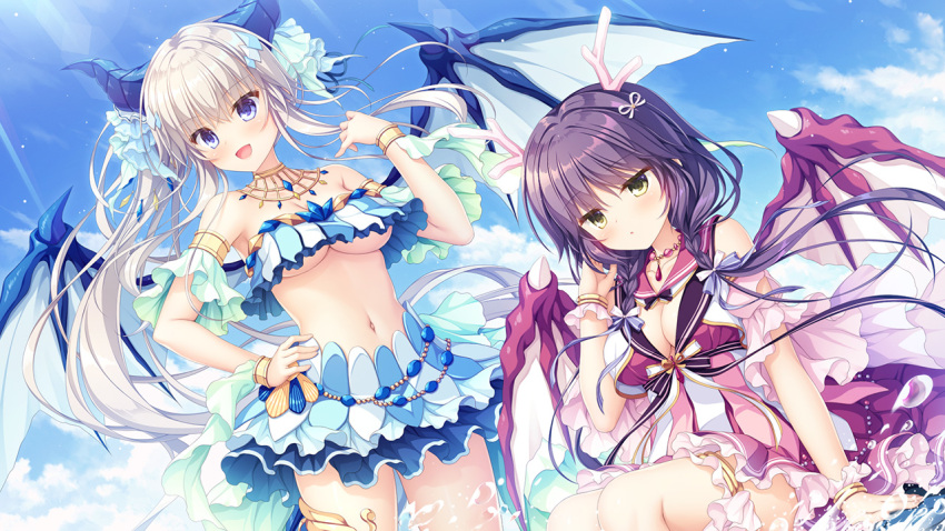 2girls armlet bangs blue_eyes blush bracelet breasts day dragon_girl dragon_horns dragon_tail dragon_wings drapri_guu-ta-life eyebrows_visible_through_hair game_cg green_eyes horns iris_(drapri_guu-ta-life) jewelry jitome large_breasts long_hair miniskirt multiple_girls navel official_art open_mouth outdoors photoshop_(medium) sango_(drapri_guu-ta-life) skirt sky tail takano_yuki_(allegro_mistic) underboob white_hair wings