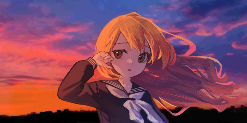 1girl :o absurdres aisaka_taiga bangs black_sailor_collar black_shirt bow brown_eyes brown_hair character_request check_character check_copyright clouds copyright_request floating_hair highres long_hair long_sleeves looking_at_viewer outdoors sailor_collar school_uniform shirt sky solo sunset toradora! upper_body white_bow white_neckwear yoon_cook