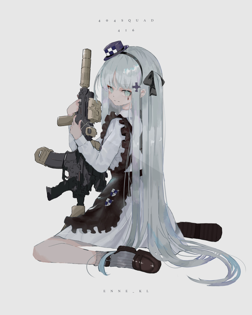 1girl 404_(girls_frontline) absurdres aqua_eyes assault_rifle enne_kl girls_frontline gun h&amp;k_hk416 highres hk416_(girls_frontline) kneeling long_hair official_alternate_costume rifle silver_hair solo teardrop_tattoo very_long_hair weapon