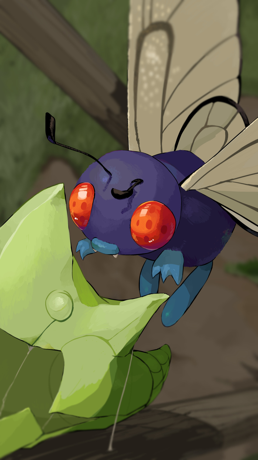 absurdres blurry bug butterfly butterfree cocoon commentary_request day depth_of_field fangs from_above gen_1_pokemon grass highres insect metapod no_humans orange_eyes outdoors pokemon pokemon_(creature) silk tree yunimaru