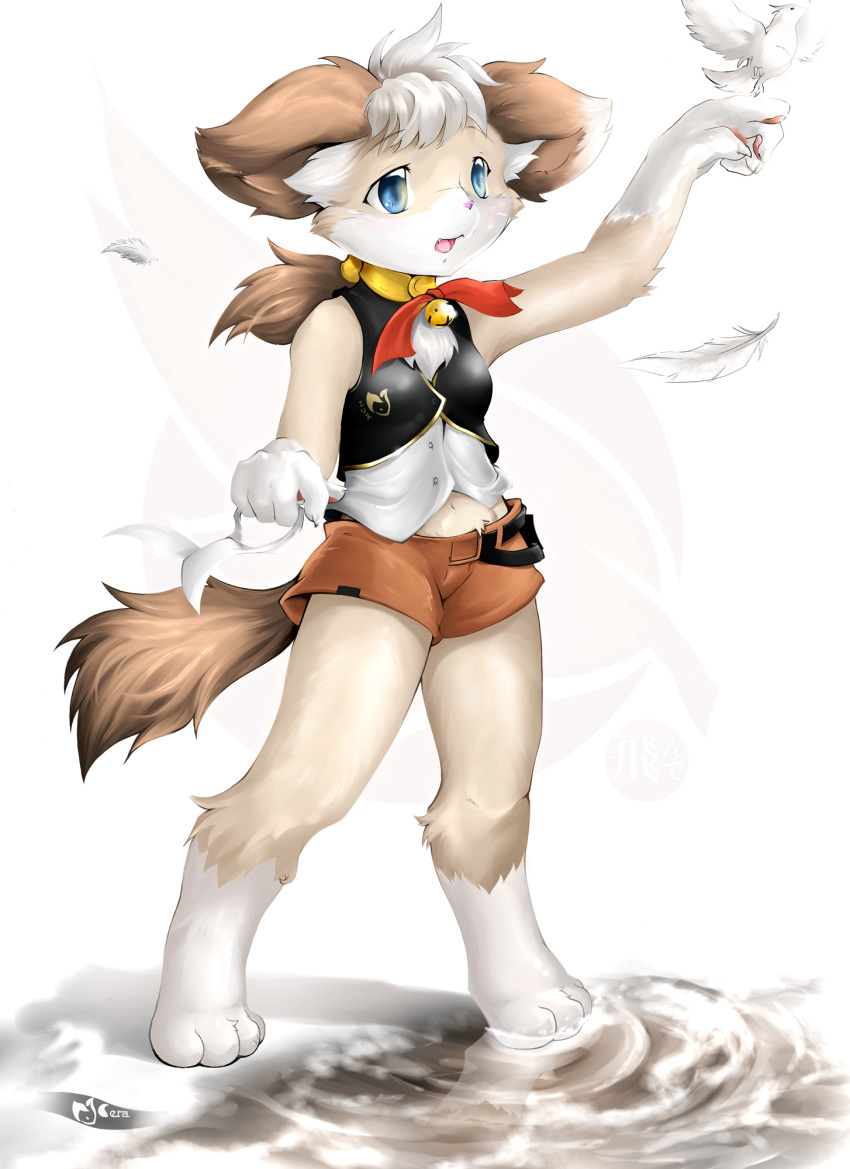 1girl :3 ancesra animal animal_ear_fluff animal_ears animal_nose arm_up artist_name bandages bangs bare_shoulders barefoot bell belt bird black_vest blue_eyes blush body_fur breasts brown_hair claws collar commentary_request cropped_vest dog_ears dog_tail eris_(ancesra) eyebrows_visible_through_hair fang feathers full_body furry hand_up happy highres holding jingle_bell light_blush long_hair looking_up multicolored_hair navel neck_ribbon open_mouth orange_shorts original pawpads paws red_neckwear red_ribbon ribbon ripples shirt short_shorts shorts signature simple_background sleeveless sleeveless_shirt small_breasts smile snout solo standing tail tied_hair two-tone_fur two-tone_hair vest water white_background white_fur white_hair white_shirt yellow_fur