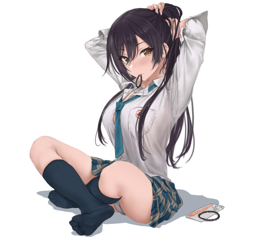 1girl adjusting_hair arms_behind_head black_footwear black_hair bra bra_peek breast_pocket breasts collar collared_shirt crossed_legs ear_piercing green_neckwear green_skirt hair_tie hamedoragon hand_in_hair idolmaster idolmaster_shiny_colors indian_style kneehighs light_blush long_hair looking_at_viewer loose_necktie medium_breasts mouth_hold name_tag necktie no_shoes panties pantyshot piercing plaid plaid_skirt pleated_skirt pocket school_uniform shirase_sakuya shirt sidelocks simple_background sitting skirt soles solo underwear white_background white_bra white_collar white_panties yellow_eyes