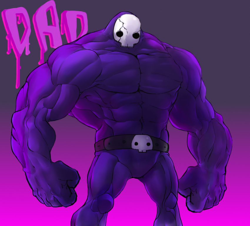 1boy absurdres belt character_name clenched_hands dad_'n_me dad_(dad_'n_me) feet_out_of_frame gradient gradient_background highres kathastrophe male_focus muscular muscular_male purple_background purple_theme skull_mask solo