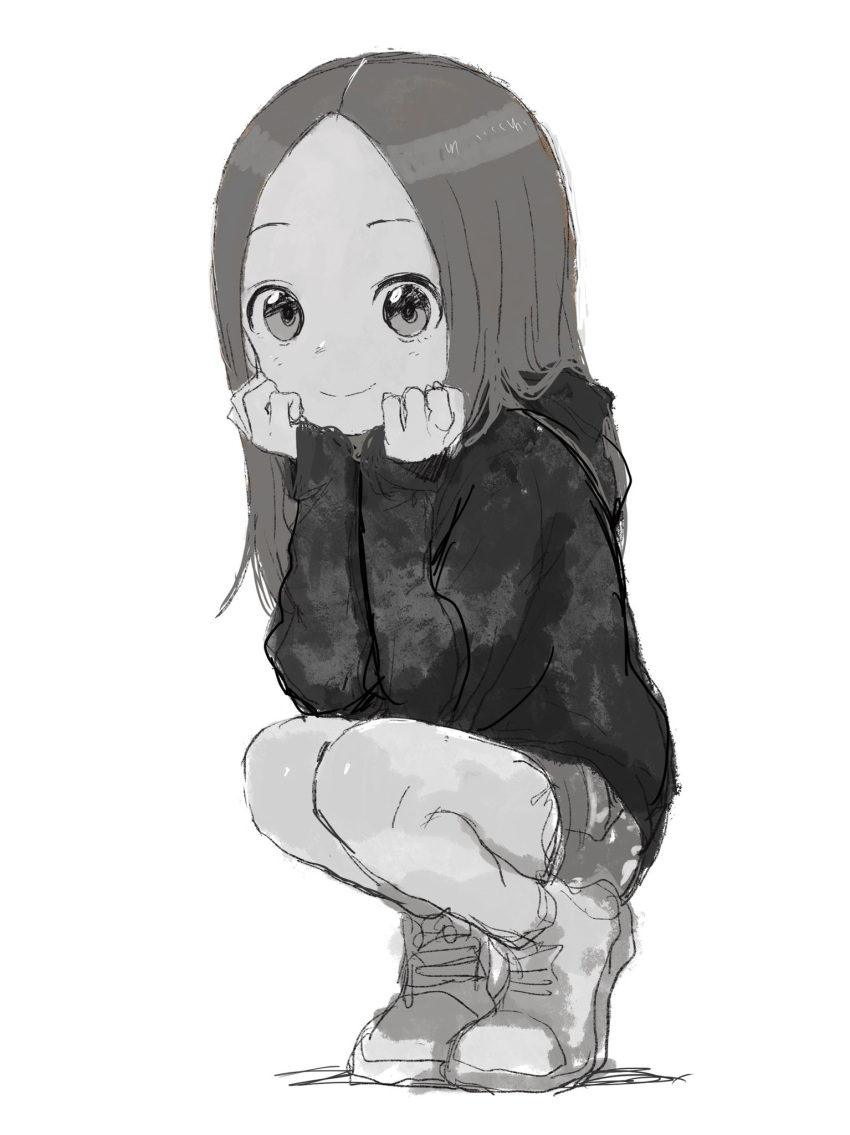 1girl bangs closed_mouth commentary_request forehead full_body greyscale hands_up highres jacket karakai_jouzu_no_takagi-san long_hair long_sleeves looking_at_viewer monochrome official_art parted_bangs shadow shoes short_shorts shorts sleeves_past_wrists smile solo squatting takagi-san tiptoes white_background yamamoto_souichirou