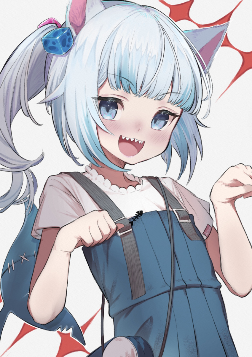 1girl animal_ears cat_ears fish_tail flat_chest gawr_gura highres hololive hololive_english lazu0721 light_blue_hair multicolored_hair open_mouth paw_pose shark_tail sharp_teeth silver_hair smile solo streaked_hair tail teeth two-tone_hair two_side_up virtual_youtuber