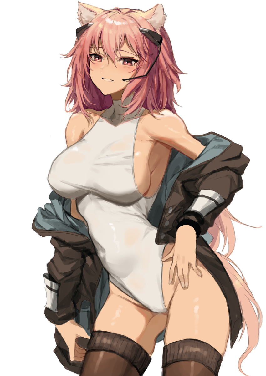 1girl absurdres animal_ears arknights bare_shoulders black_jacket breasts brown_legwear covered_navel gravel_(arknights) hair_between_eyes headset highleg highleg_leotard highres jacket large_breasts leotard long_hair long_sleeves looking_at_viewer molyb mouse_ears mouse_girl pink_eyes pink_hair sideboob simple_background smile solo tail thigh-highs thighs white_background white_leotard