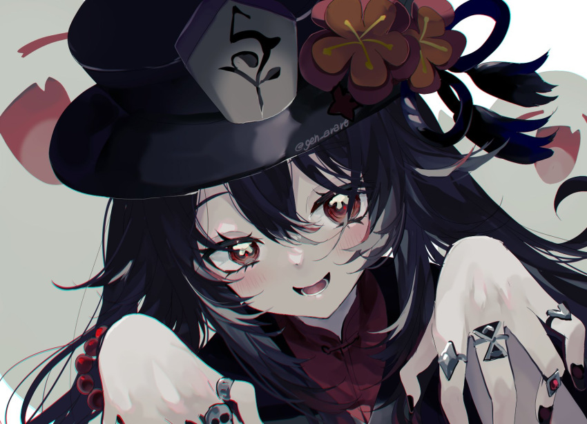1girl =_= artist_name black_hair black_nails blush chromatic_aberration close-up coat commentary commentary_request cowlick flower gen_arare genshin_impact ghost ghost_pose grey_background hair_between_eyes hat hat_flower hat_ornament highres hu_tao_(genshin_impact) jewelry long_hair looking_at_viewer multiple_rings open_mouth pale_skin plum_blossoms porkpie_hat portrait red_eyes ring solo talisman tassel twintails twitter_username