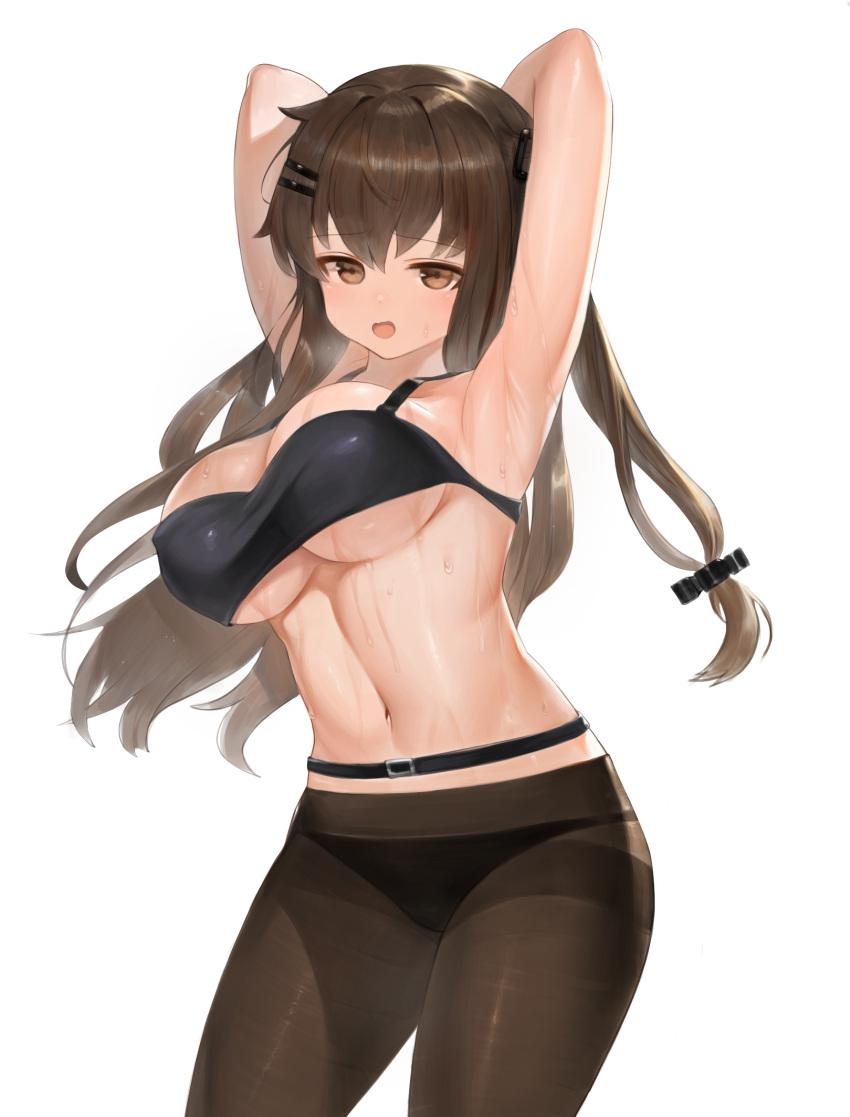 1girl armpits arms_behind_head arms_up bandeau bangs belt black_belt black_bra black_legwear black_panties bra breasts brown_eyes brown_hair commentary cowboy_shot dokomon eyebrows_visible_through_hair girls_frontline hair_between_eyes hair_ornament hairclip highres k-2_(girls_frontline) large_breasts long_hair looking_at_viewer navel open_mouth panties panties_under_pantyhose pantyhose simple_background solo standing stomach sweat under_boob underwear white_background