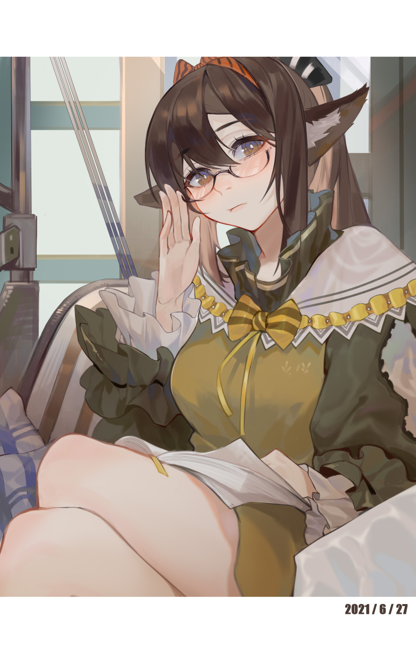 1girl absurdres animal_ears arknights book bow bowtie brown_eyes brown_hair chinese_commentary crossed_legs dated dress feet_out_of_frame fox_ears glasses green_sleeves hair_bow hairband hand_on_eyewear highres holding holding_book letterboxed long_hair looking_at_viewer official_alternate_costume perfumer_(arknights) perfumer_(leisurely_afternoon)_(arknights) ponytail reading semi-rimless_eyewear sitting solo thighs under-rim_eyewear yellow_dress yellow_neckwear yumingtongxue