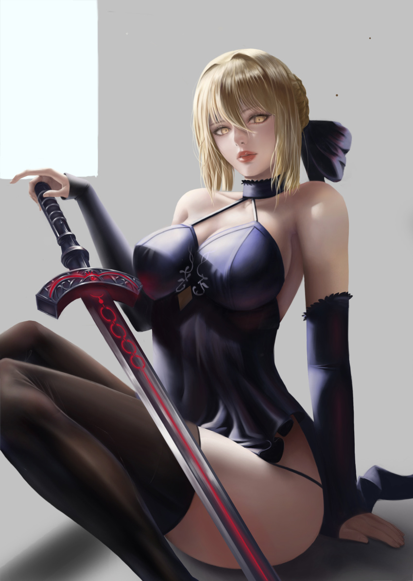 1girl absurdres artoria_pendragon_(all) bangs bare_shoulders black_dress blonde_hair braid breasts bridal_gauntlets choker dress fate/grand_order fate_(series) french_braid hair_between_eyes hair_ribbon highres holding holding_sword holding_weapon large_breasts looking_at_viewer pmy00 ribbon saber_alter solo sword thigh-highs thighs weapon yellow_eyes
