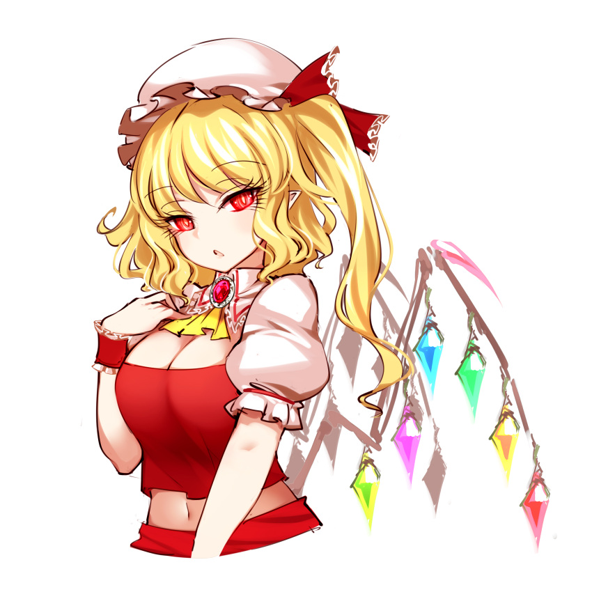 blonde_hair bow crystal flandre_scarlet frills hat hat_ribbon highres one_side_up puffy_short_sleeves puffy_sleeves raptor7 red_bow red_eyes red_ribbon red_skirt red_vest ribbon shirt short_hair short_sleeves skirt touhou vest white_shirt wings yellow_neckwear