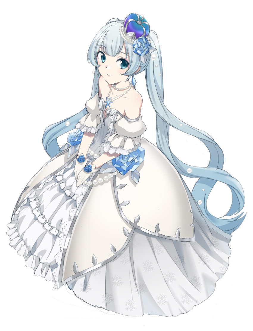 1girl absurdres agonasubi bare_shoulders blue_flower blue_rose borrowed_design commentary crown detached_sleeves dress flower from_above gloves hair_flower hair_ornament hands_on_lap hands_together hatsune_miku highres hoop_skirt jewelry layered_dress light_blue_eyes light_blue_hair long_hair looking_to_the_side necklace pearl_necklace princess puffy_detached_sleeves puffy_sleeves rose silver_trim smile snowflake_necklace snowflake_print solo twintails very_long_hair vocaloid white_background white_dress white_gloves white_sleeves yuki_miku