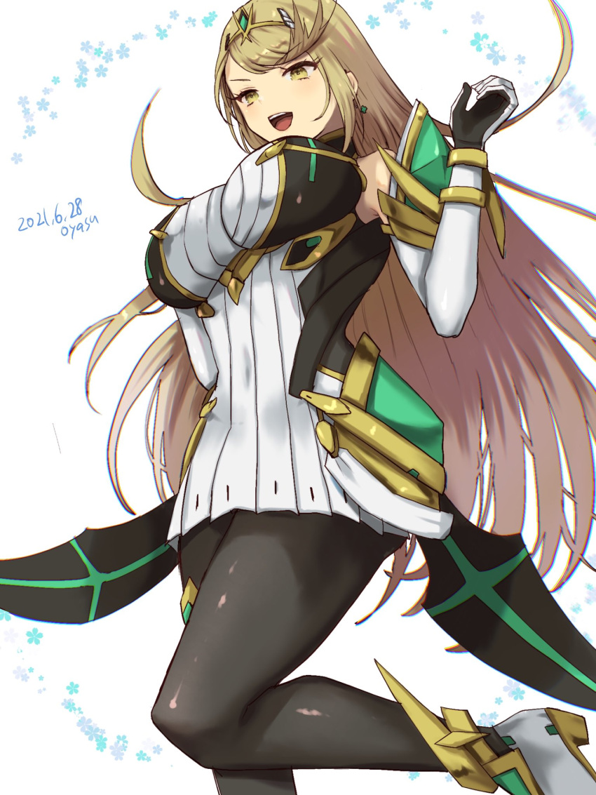 1girl bangs bare_shoulders blonde_hair breasts chest_jewel dress earrings elbow_gloves gem gloves headpiece highres jewelry large_breasts long_hair mythra_(massive_melee)_(xenoblade) mythra_(xenoblade) oyasu_(kinakoyamamori) short_dress swept_bangs thigh_strap tiara very_long_hair white_dress white_footwear white_gloves xenoblade_chronicles_(series) xenoblade_chronicles_2 yellow_eyes