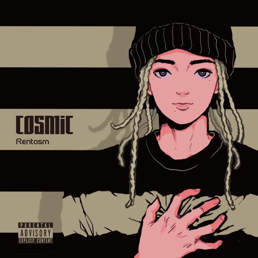 1girl beanie black_headwear flat_color grey_eyes hairlocs hand_up hat highres limited_palette minillustration original parental_advisory shadow shirt smile solo striped striped_background striped_shirt