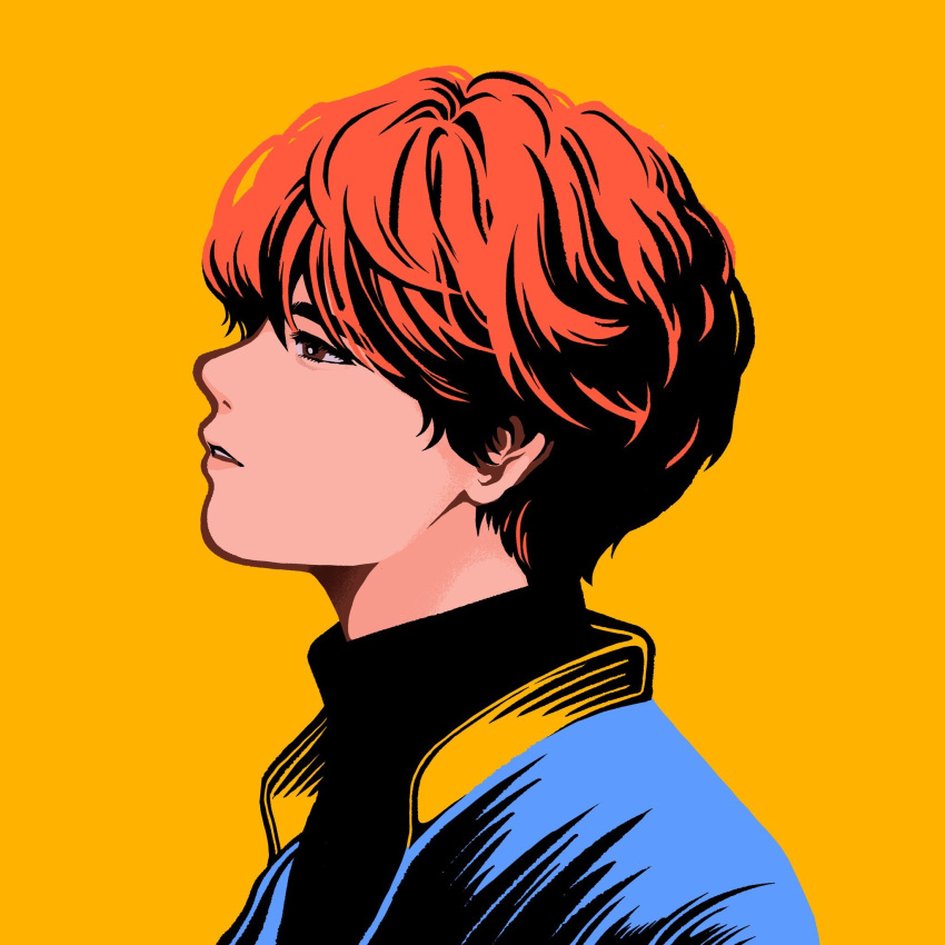 1boy black_shirt blue_jacket brown_eyes copyright_request highres jacket minillustration orange_hair parted_lips profile shirt short_hair simple_background solo yellow_background