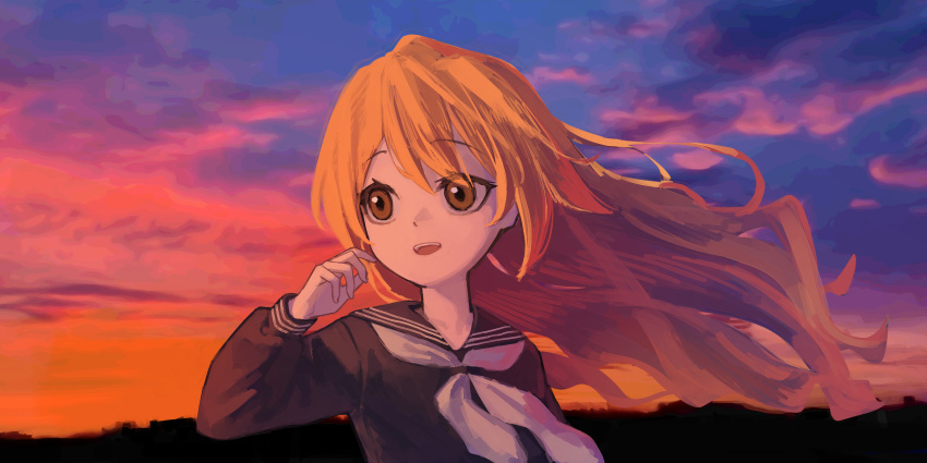 1girl :d absurdres aisaka_taiga bangs black_sailor_collar black_shirt bow brown_eyes brown_hair character_request check_character check_copyright clouds copyright_request floating_hair highres long_hair long_sleeves looking_at_viewer open_mouth outdoors sailor_collar school_uniform shirt sky smile solo sunset toradora! upper_body white_bow white_neckwear yoon_cook