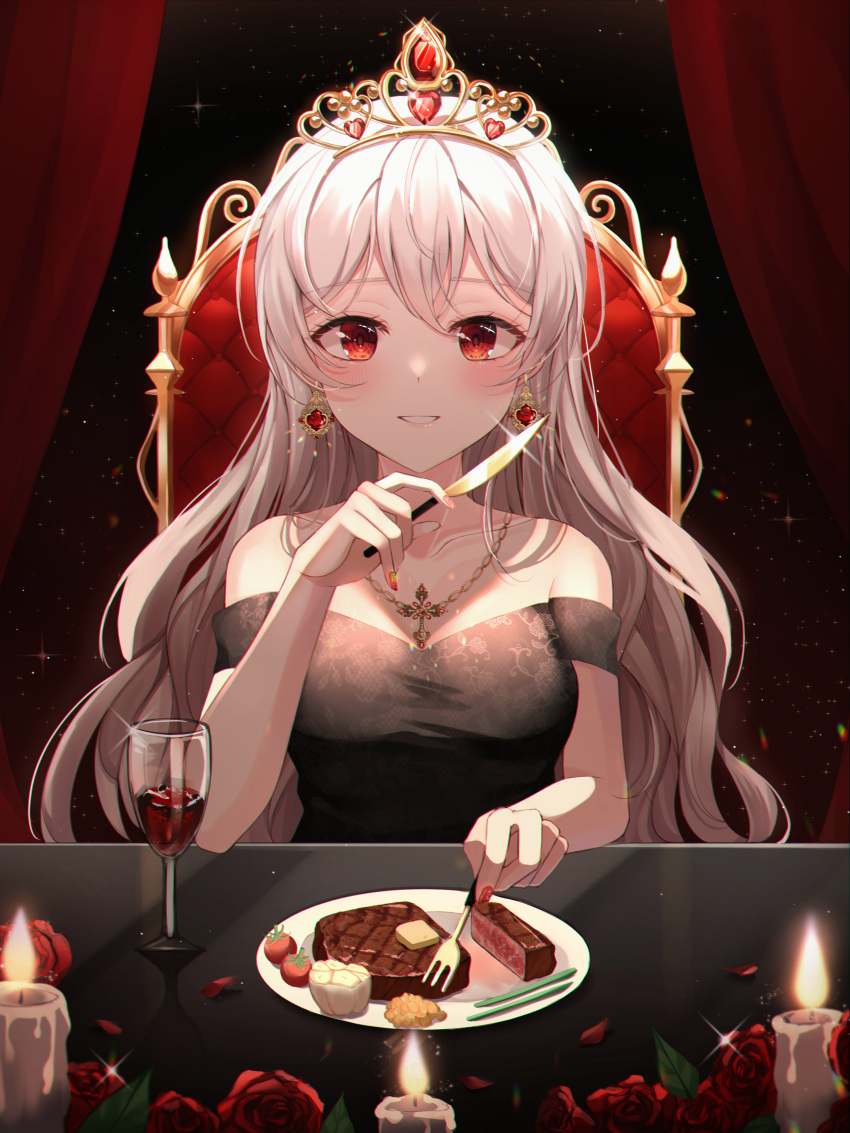 1girl absurdres alcohol bangs bare_shoulders black_dress blush breasts candle chair cherry_tomato collarbone commentary_request cup curtains dress drinking_glass eating eyebrows_visible_through_hair flower food fork grin hand_up highres holding holding_fork holding_knife knife korean_commentary light_particles looking_at_viewer meat medium_breasts nail_polish necktie original petals red_eyes red_flower red_nails red_rose rose short_sleeves silver_hair smile solo steak strapless strapless_dress table tiara tomato wine wine_glass yulha_06