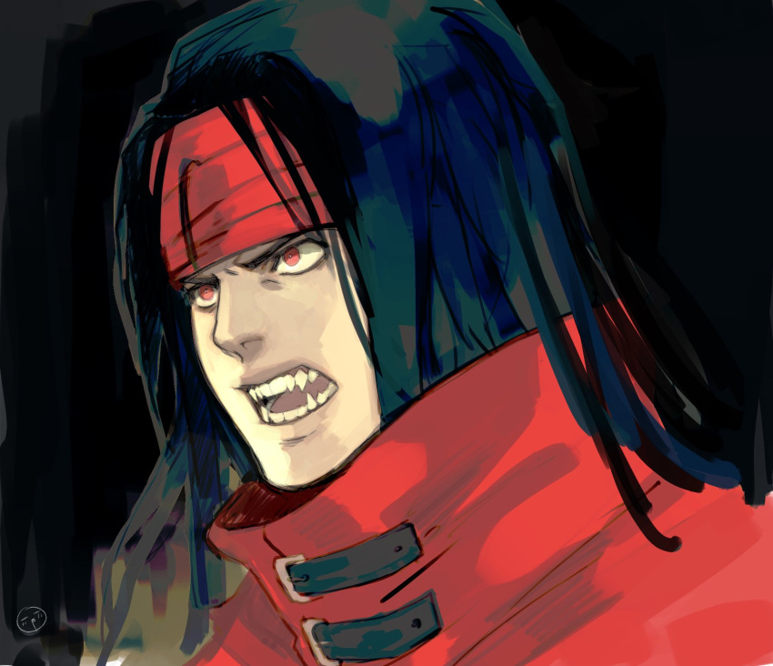 1boy angry black_background black_hair cloak fangs final_fantasy final_fantasy_vii glaring headband highres long_hair red_cloak red_eyes red_headband shouting tirtyturtle turban vincent_valentine