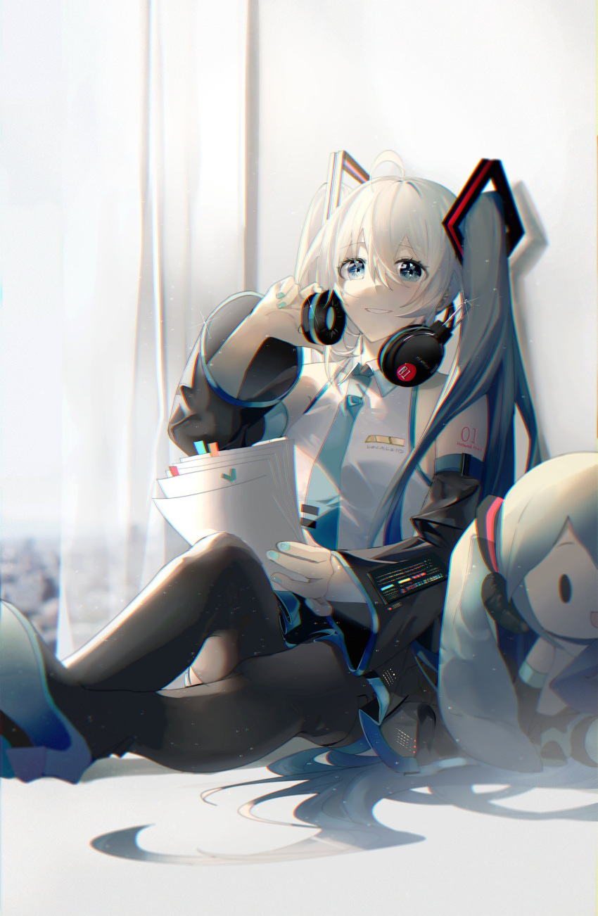 1girl adjusting_headphones ahoge aqua_eyes aqua_hair aqua_nails aqua_neckwear bare_shoulders black_legwear black_skirt black_sleeves blurry blurry_background character_doll commentary curtains detached_sleeves grey_shirt grin hair_ornament hand_on_headphones hatsune_miku headphones headphones_around_neck highres holding holding_paper light_particles long_hair looking_at_viewer miniskirt nail_polish necktie nura_orimoto paper pleated_skirt shirt shoulder_tattoo sidelighting sitting skirt sleeveless sleeveless_shirt smile solid_oval_eyes solo spring_onion tattoo thigh-highs twintails very_long_hair vocaloid window