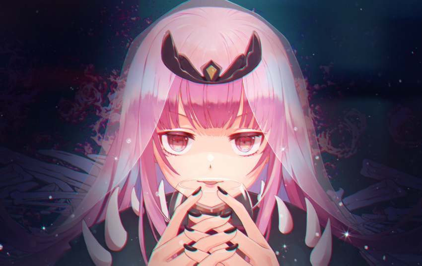 1girl bangs black_cape black_nails cape chami_(charming621) cup drinking_glass eyebrows_behind_hair heart highres holding holding_cup hololive hololive_english long_hair looking_at_viewer mori_calliope parted_lips pink_eyes pink_hair solo spikes tiara upper_body v-shaped_eyebrows veil virtual_youtuber wine_glass