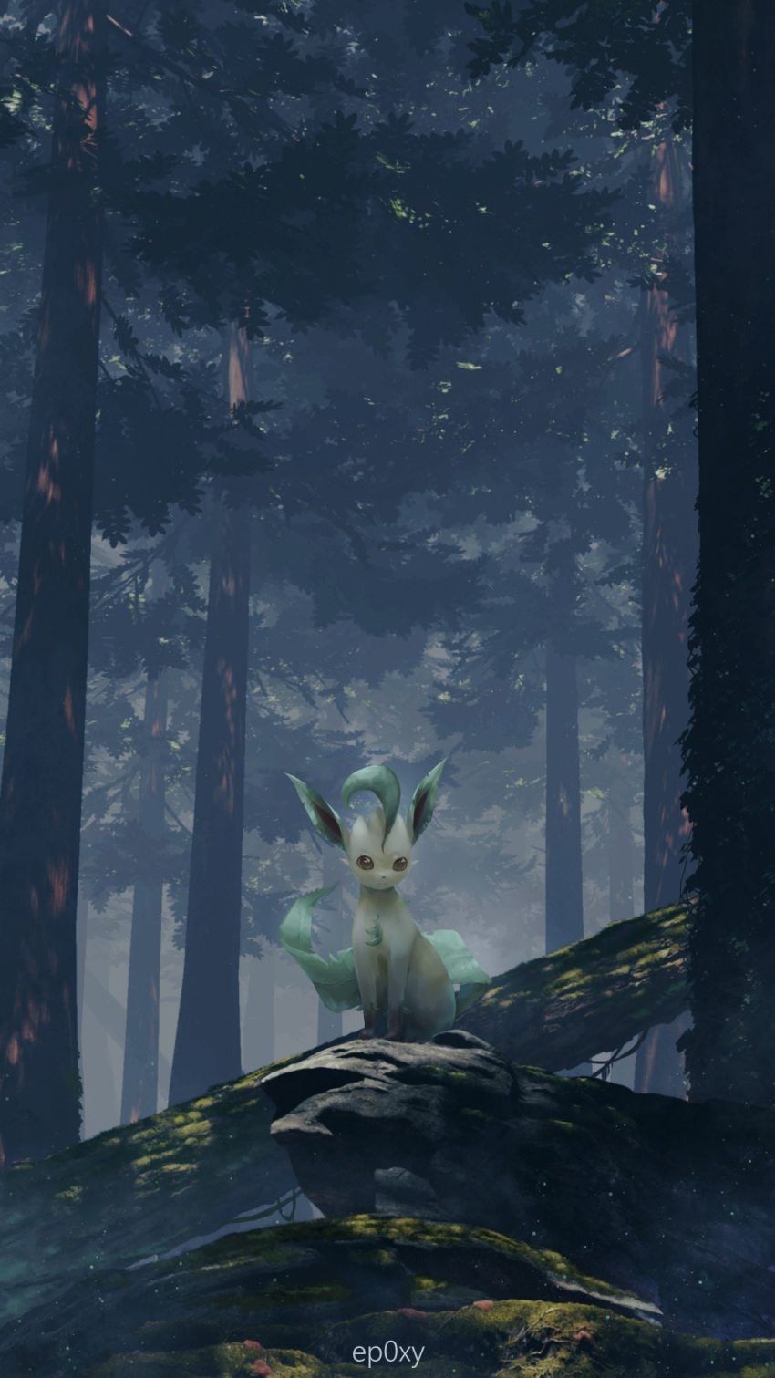 brown_eyes commentary_request creature fallen_tree forest gen_4_pokemon highres leafeo2 leafeon nature no_humans outdoors pokemon pokemon_(creature) sitting solo tree
