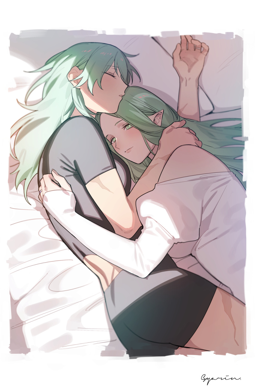 2girls bangs bed black_shirt black_shorts blush border breasts byleth_(fire_emblem) byleth_eisner_(female) byleth_eisner_(female) closed_eyes closed_mouth cuddling dress female_my_unit_(fire_emblem:_three_houses) fire_emblem fire_emblem:_three_houses fire_emblem:_three_houses fire_emblem_16 goddess green_eyes green_hair highres hug human ikarin intelligent_systems jewelry long_hair long_sleeves lying multiple_girls my_unit_(fire_emblem:_three_houses) nintendo on_bed on_side parted_lips pillow pointy_ears rhea_(fire_emblem) ring shirt shorts sleeping timeskip wedding_band white_dress yuri