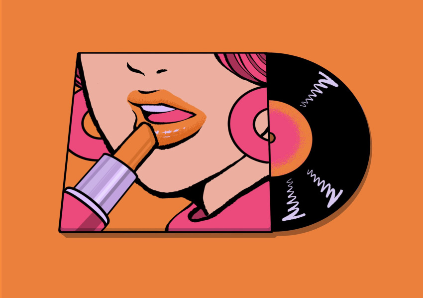 cosmetics earrings highres jewelry lipstick_tube minillustration no_humans open_mouth orange_background orange_lips orange_lipstick_tube original pink_hair record record_jacket shadow shiny simple_background