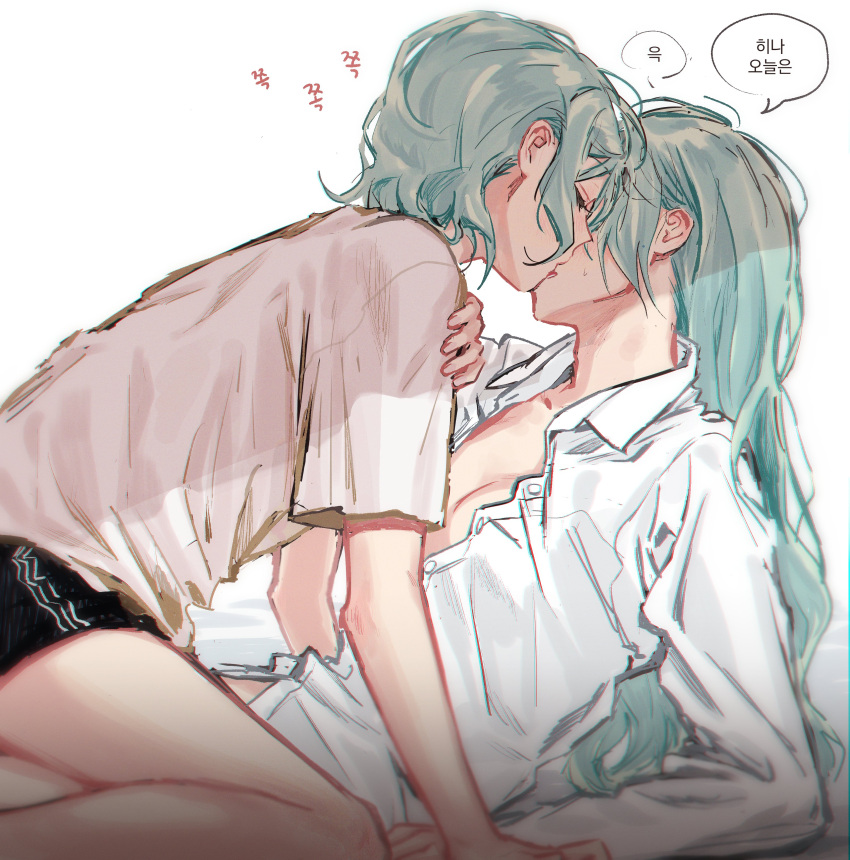 2girls absurdres aqua_hair bang_dream! black_shorts breasts closed_eyes collared_shirt commentary_request from_side girl_on_top hand_on_another's_shoulder highres hikawa_hina hikawa_sayo incest kiss kneeling korean_commentary korean_text long_hair long_sleeves multiple_girls open_clothes open_shirt shirt short_hair short_shorts short_sleeves shorts siblings simple_background sisters small_breasts speech_bubble sweat t-shirt translation_request twincest twins white_background white_shirt yuri zihacheol