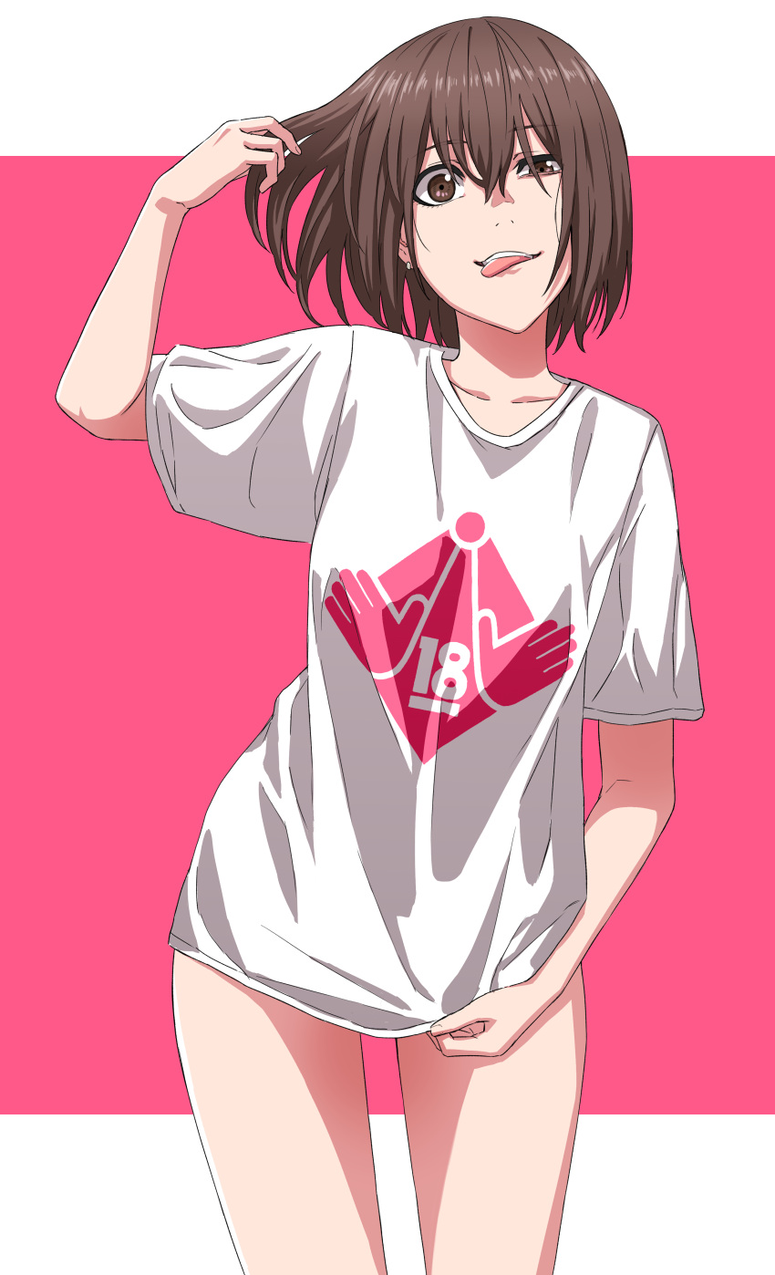 1girl absurdres brown_eyes brown_hair commentary highres holding holding_hair loose_clothes loose_shirt original shirt shirt_tug short_hair simple_background solo t-shirt tongue tongue_out tuskryo