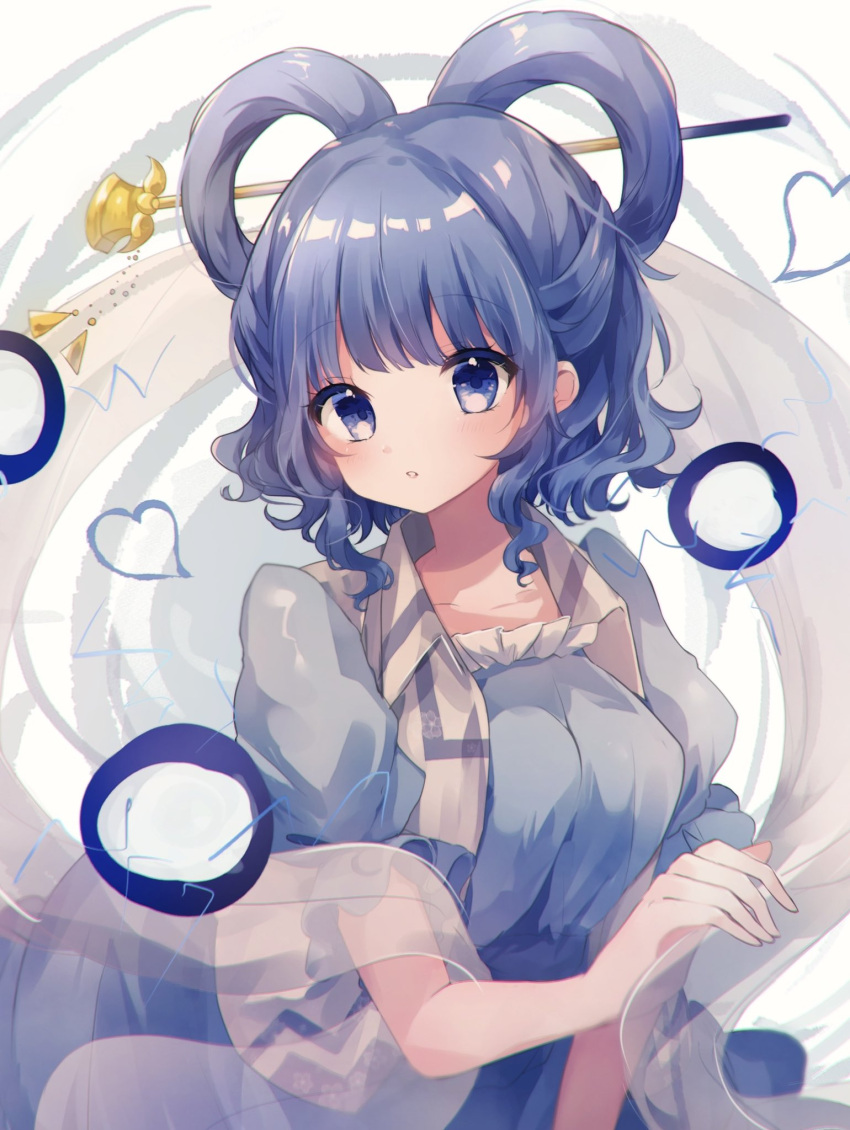 1girl bangs blue_dress blue_eyes blue_hair blunt_bangs blurry blush breasts collarbone danmaku depth_of_field dress drill_locks electricity expressionless eyebrows_visible_through_hair hagoromo hair_ornament hair_rings hair_stick hand_up heart highres kaku_seiga large_breasts looking_at_viewer moshihimechan parted_lips puffy_short_sleeves puffy_sleeves shawl short_hair short_sleeves simple_background solo touhou upper_body vest white_background white_vest