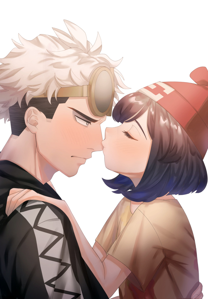1boy 1girl absurdres beanie black_hair black_jacket blush closed_eyes commentary_request eyelashes eyewear_on_head from_side grey_eyes guzma_(pokemon) hand_on_another's_shoulder hat highres jacket kiss looking_at_another multicolored_hair nose_kiss pokemon pokemon_(game) pokemon_sm red_headwear selene_(pokemon) shiny shiny_hair shirt short_sleeves sunglasses t-shirt team_skull two-tone_hair undercut upper_body white_background white_hair yellow-framed_eyewear yellow_shirt yoshiyoshiwa