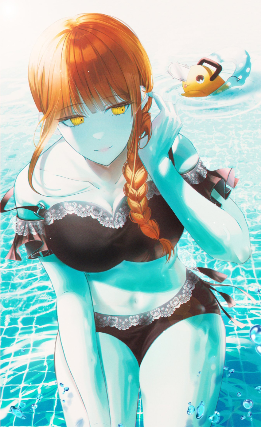 1girl adjusting_hair alternate_costume bikini black_bikini braid braided_ponytail breasts chainsaw chainsaw_man cleavage closed_mouth collarbone commentary cowboy_shot eyebrows_visible_through_hair frilled_bikini frills hand_in_hair highres innertube isobe47 lace-trimmed_bikini lace_trim large_breasts light_smile lips long_hair looking_to_the_side makima_(chainsaw_man) midriff navel pochita_(chainsaw_man) polka_dot pool redhead ringed_eyes ripples smile solo_focus swimming swimsuit wading water water_drop yellow_eyes