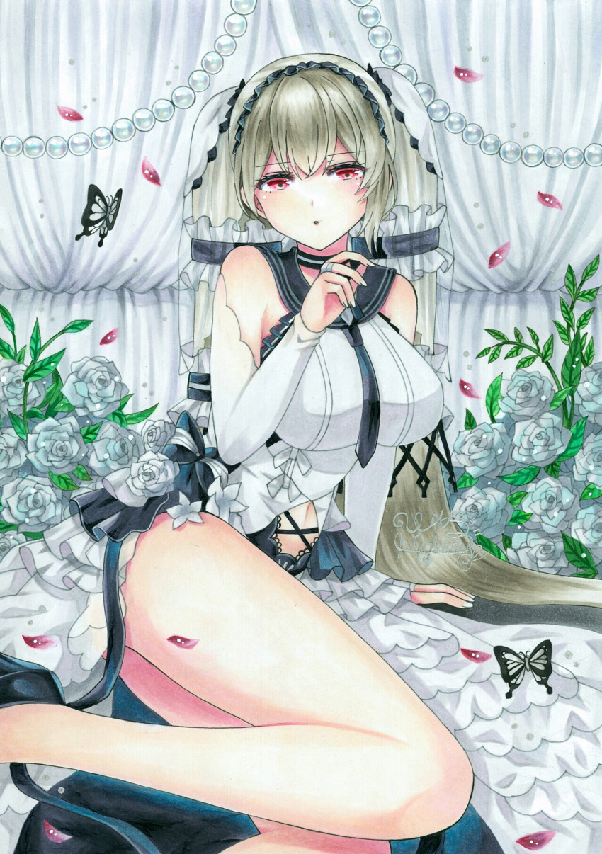 1girl absurdres azur_lane bare_shoulders blue_flower blue_rose breasts bridal_gauntlets bug butterfly commentary_request curtains dress elbow_gloves flower formidable_(azur_lane) formidable_(timeless_classics)_(azur_lane) frilled_dress frills gloves grey_hair hair_tubes highres insect large_breasts long_hair looking_at_viewer petals pink_eyes rose solo thighs traditional_media very_long_hair whipberry white_dress white_gloves