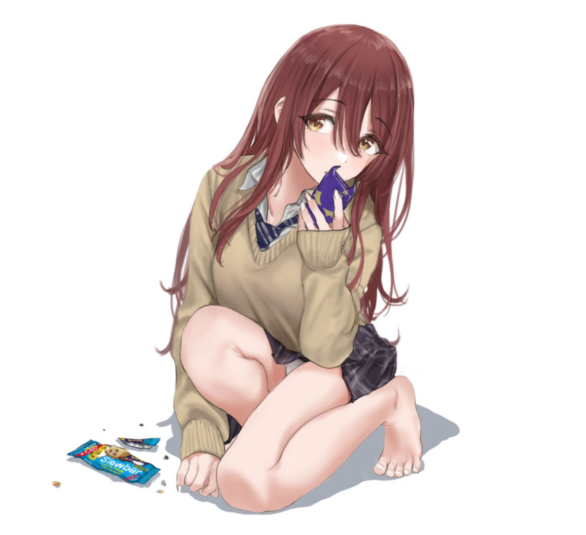 1girl :o bare_legs barefoot black_skirt blush breasts brown_cardigan brown_hair cardigan collared_shirt crumbs eyebrows_visible_through_hair hair_between_eyes hamedoragon holding holding_phone idolmaster idolmaster_shiny_colors kneehighs long_hair long_sleeves looking_to_the_side medium_breasts necktie oosaki_tenka open_mouth panties pantyshot phone plaid plaid_neckwear plaid_skirt school_uniform shirt simple_background skirt solo toes underwear white_background white_panties white_shirt wrapper yellow_eyes