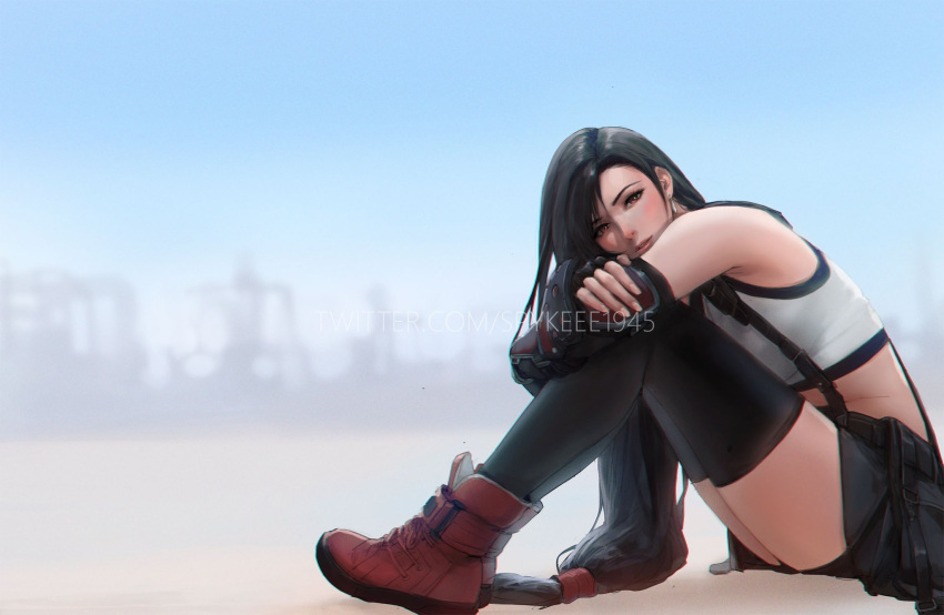 1girl bike_shorts bike_shorts_under_skirt black_hair black_legwear black_skirt black_sports_bra boots crop_top crossed_arms earrings english_commentary final_fantasy final_fantasy_vii final_fantasy_vii_remake hair_ornament hair_scrunchie highres jewelry knees_on_chest lips long_hair long_legs looking_at_viewer low-tied_long_hair photo-referenced red_eyes red_footwear red_scrunchie scrunchie shibai_haruka shirt sitting skirt solo sports_bra spykeee1945 thigh-highs tifa_lockhart watermark white_shirt