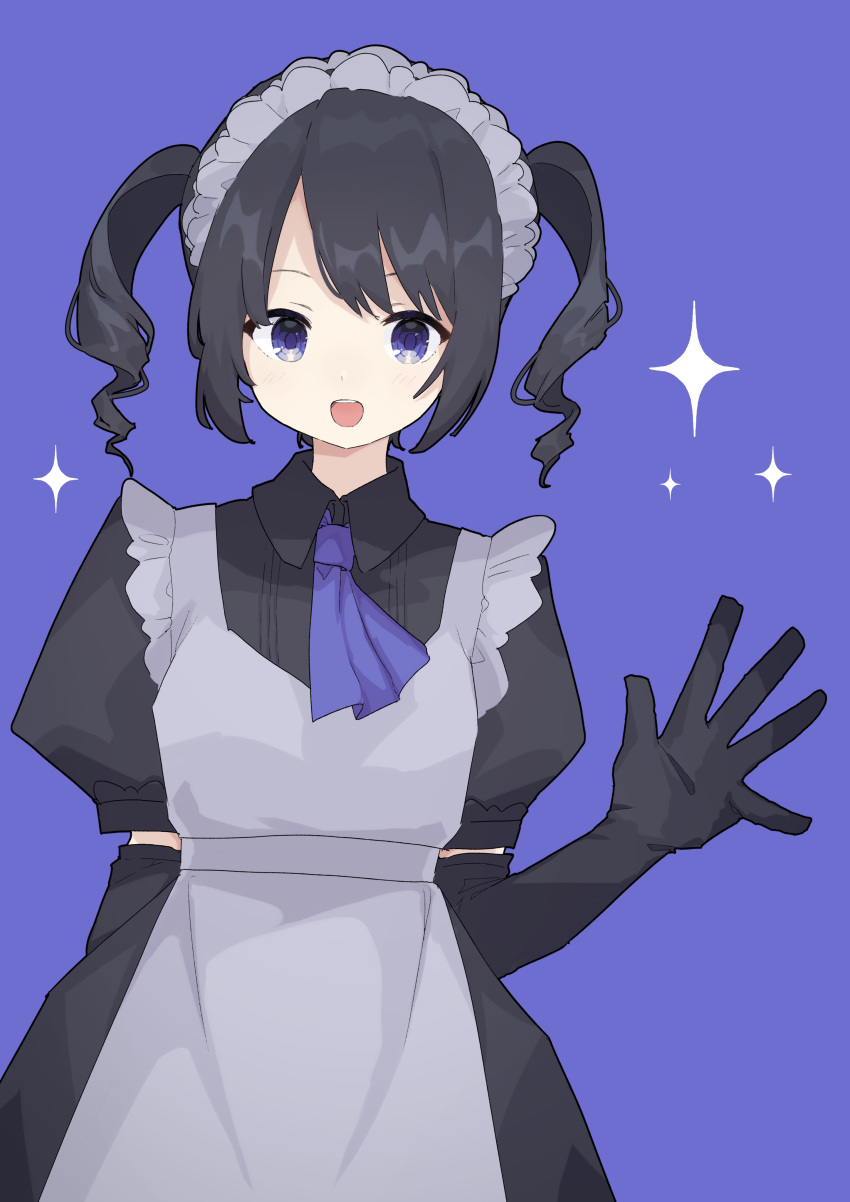 absurdres apron black_blouse black_gloves black_hair blouse blue_neckwear collared_blouse commentary cravat elbow_gloves gloves hand_up highres looking_at_viewer maid maid_apron maid_headdress open_mouth original puffy_short_sleeves puffy_sleeves purple_background shiratakiseaice short_sleeves simple_background smile sparkle twintails upper_body upper_teeth violet_eyes waving