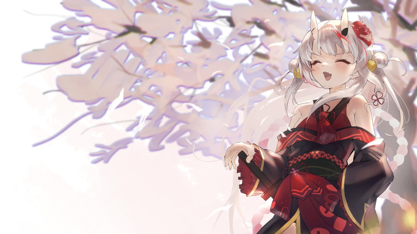 1girl :d absurdres bangs bare_shoulders bell black_kimono blurry blurry_background blush closed_eyes double_bun fang frilled_sleeves frills hair_bell hair_ornament hand_on_hip highres holding holding_sword holding_weapon hololive horns japanese_clothes jingle_bell kaoswald kimono kouhaku_nawa long_hair long_sleeves mask mask_on_head multicolored_hair nakiri_ayame obi off-shoulder_kimono oni oni_horns oni_mask open_mouth redhead sash silver_hair skin_fang smile solo standing streaked_hair sword tassel virtual_youtuber weapon wide_sleeves