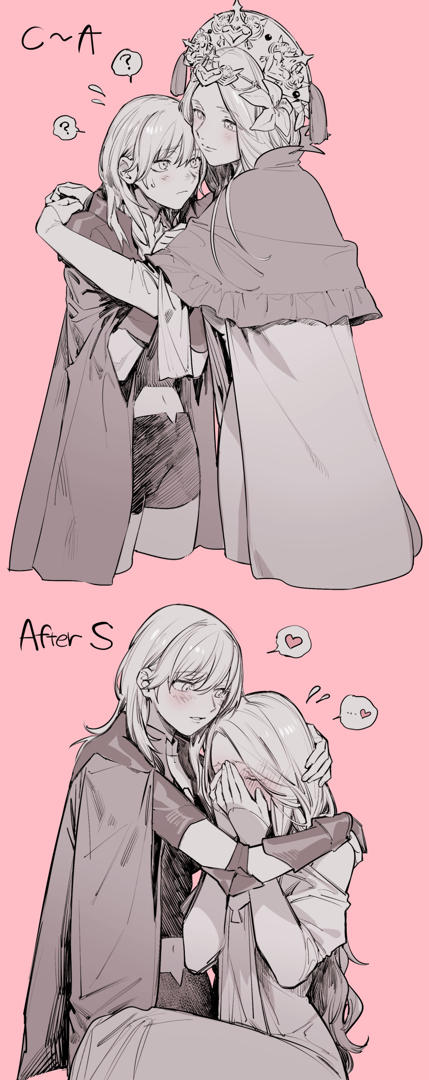 2girls ? absurdres bangs blush byleth_(fire_emblem) byleth_eisner_(female) cape capelet closed_mouth crown fire_emblem fire_emblem:_three_houses flower flying_sweatdrops gloves greyscale hair_flower hair_ornament hands_on_own_face heart highres hug ikarin long_hair long_sleeves midriff monochrome multiple_girls navel nose_blush parted_lips pink_background rhea_(fire_emblem) shorts simple_background smile spoken_heart spoken_question_mark sweat yuri