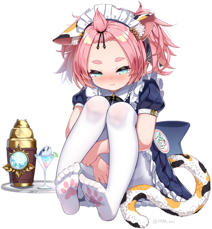 1girl animal_ears blush cat_ears cat_tail diona_(genshin_impact) drink full_body genshin_impact green_eyes highres maid maid_headdress paw_print pink_hair puffy_short_sleeves puffy_sleeves sad short_eyebrows short_sleeves soles solo ssorasora tail thigh-highs tied_hair white_legwear