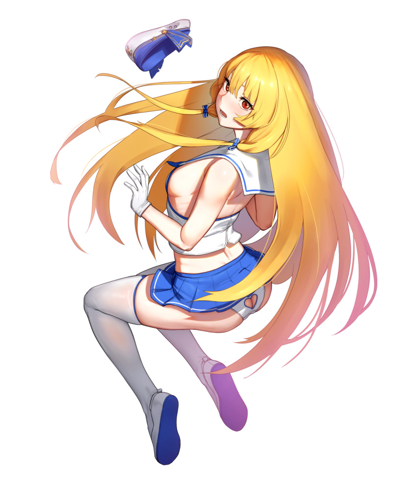 1girl ag-2c_sirene ass_cutout bangs beeeeen blonde_hair blue_skirt blush clothing_cutout from_behind hat hat_loss hat_removed headwear_removed highres last_origin long_hair looking_at_viewer looking_back panties pleated_skirt red_eyes sailor sailor_hat skirt solo thigh-highs underwear very_long_hair white_background white_legwear