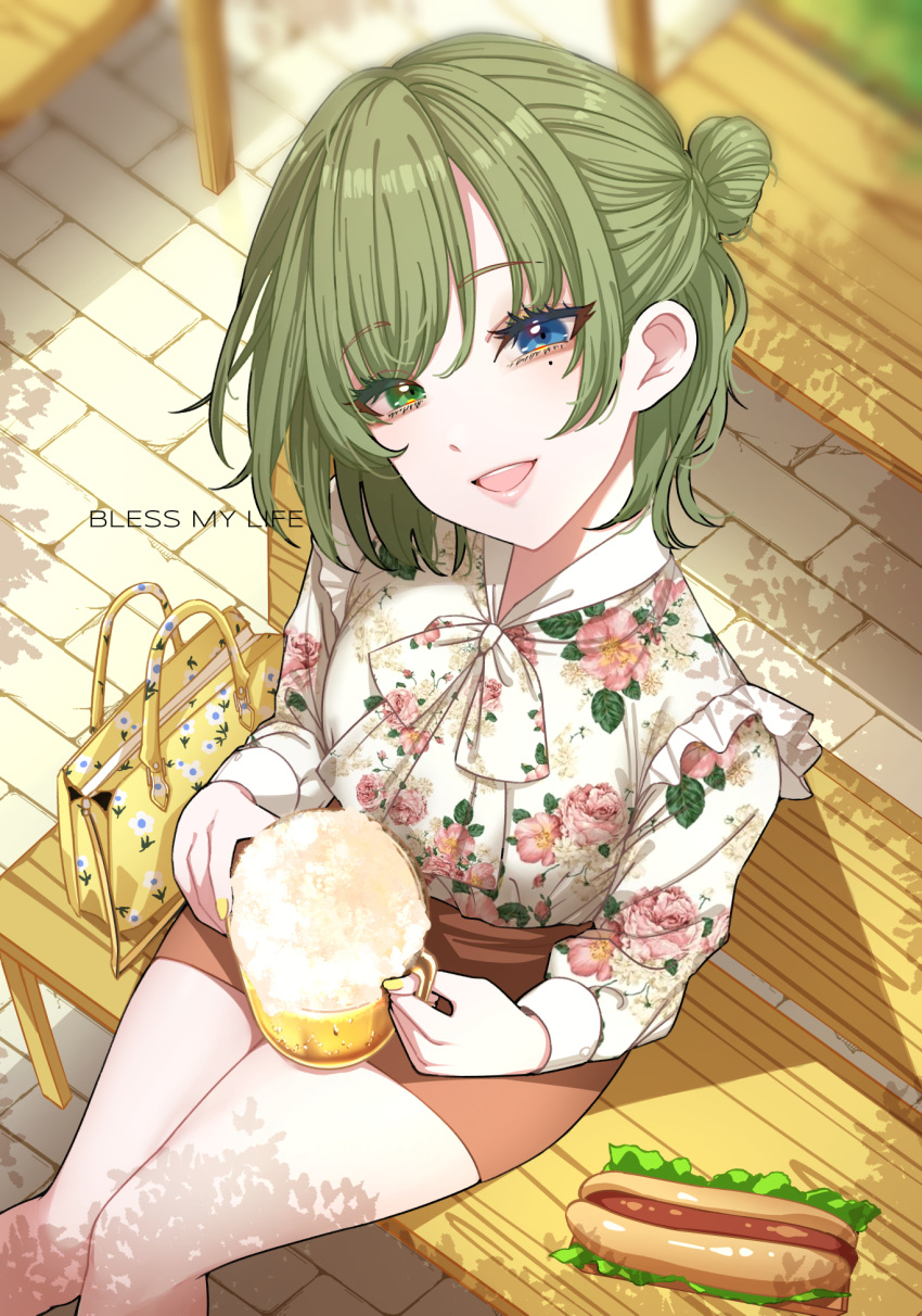 1girl :d alcohol bag bangs beer beer_mug bench blouse blue_eyes breasts cup eyebrows_visible_through_hair eyelashes floral_print foam food frilled_shirt frills green_eyes handbag heterochromia highres holding holding_cup hot_dog idolmaster idolmaster_cinderella_girls looking_at_viewer maou_(demonlord) medium_breasts miniskirt mole mole_under_eye mug nail_polish open_mouth outdoors shirt shirt_tucked_in sitting sitting_on_bench skirt smile solo takagaki_kaede tile_floor tiles yellow_nails